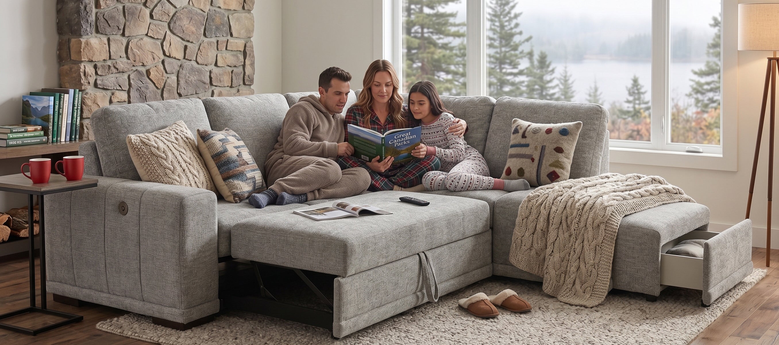 Reverie sectional in a lakeside living room
