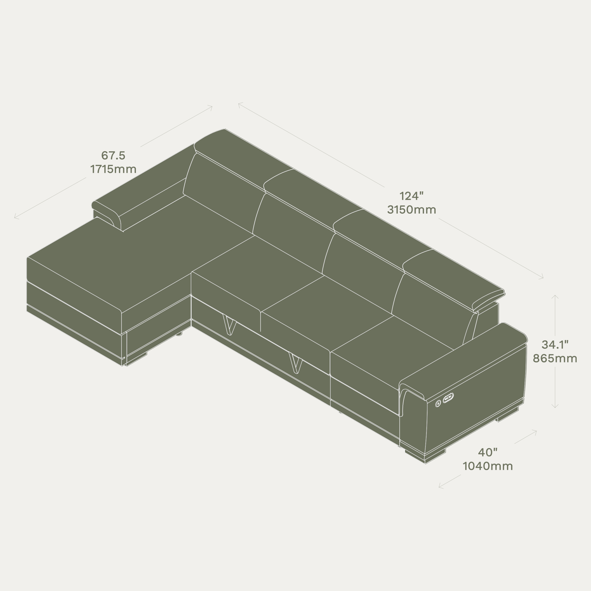 Essential 4 Seater Sleep Sectional (armless chaise) dimensions