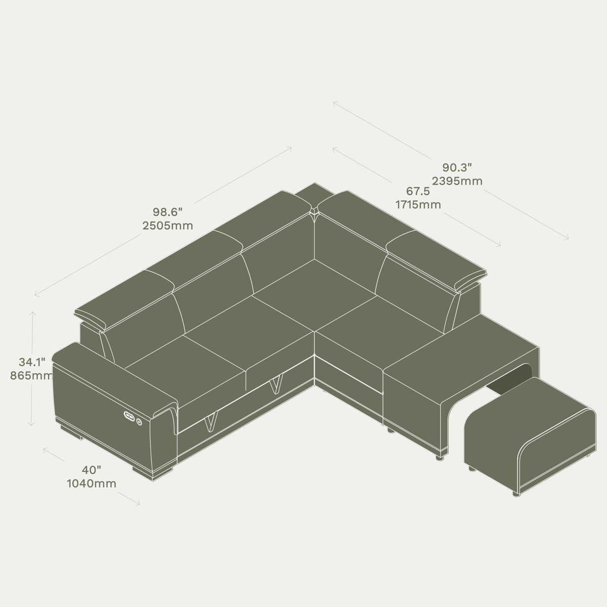 Essential 3 Seater Sleep Sectional & Ottoman matryoshka LHF dimensions