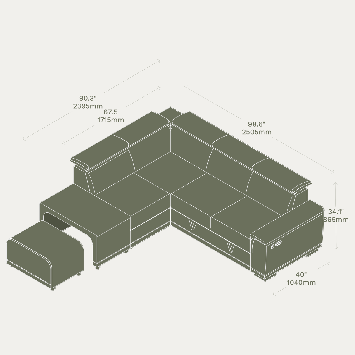 Essential 3 Seater Sleep Sectional & Ottoman matryoshka RHF dimensions