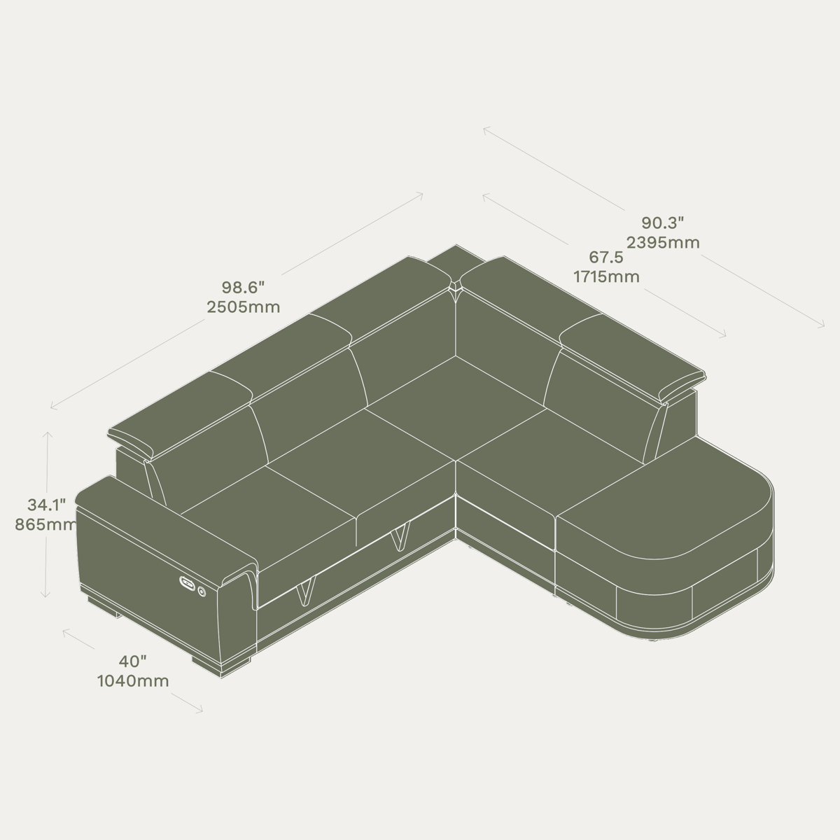 Essential 3 Seater Sleep Sectional & Ottoman lush RHF dimensions