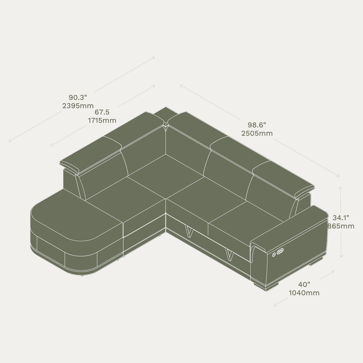 Essential 3 Seater Sleep Sectional & Ottoman lush LHF dimensions