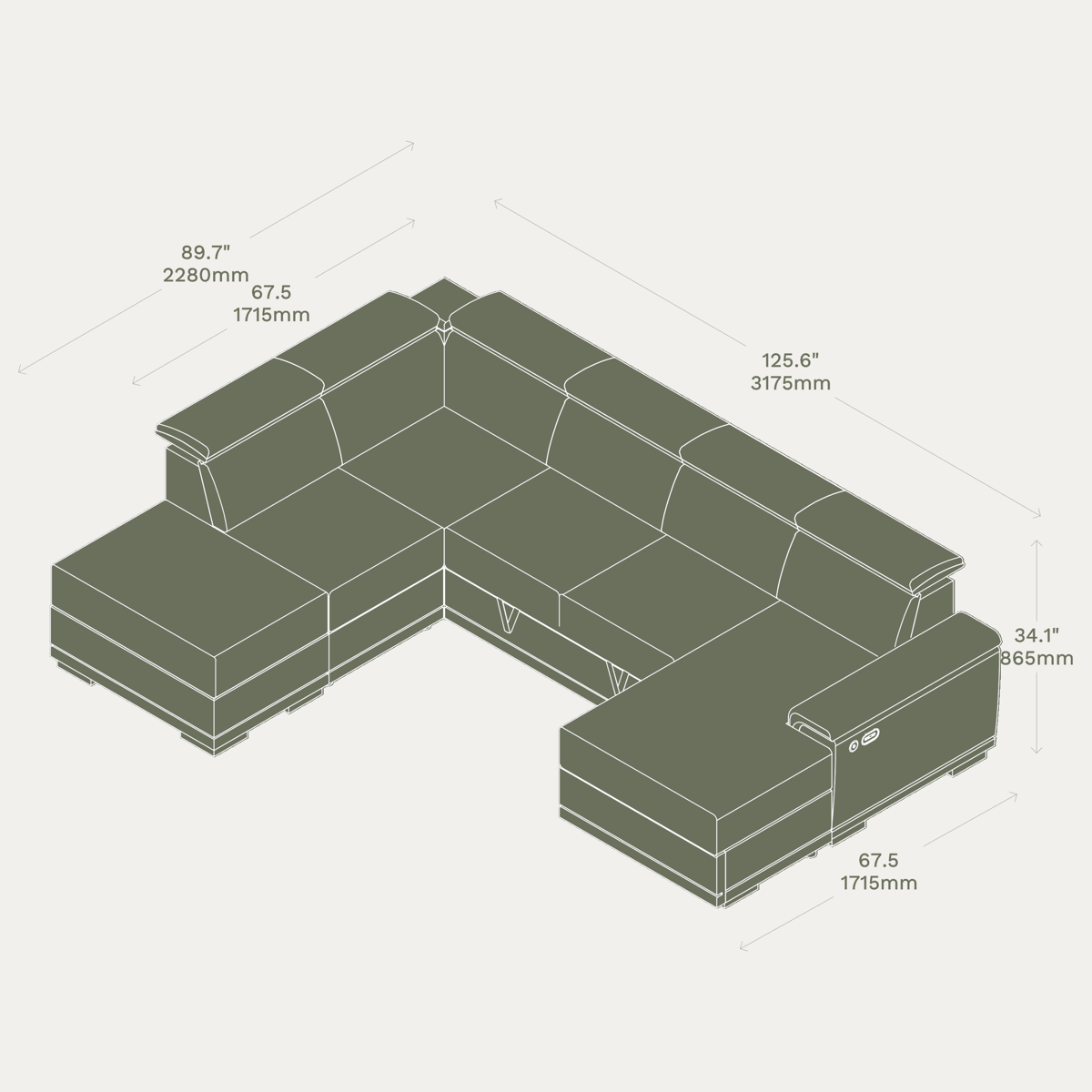 Essential 4 Seater Sleep Sectional & Ottoman quadrate RHF dimensions
