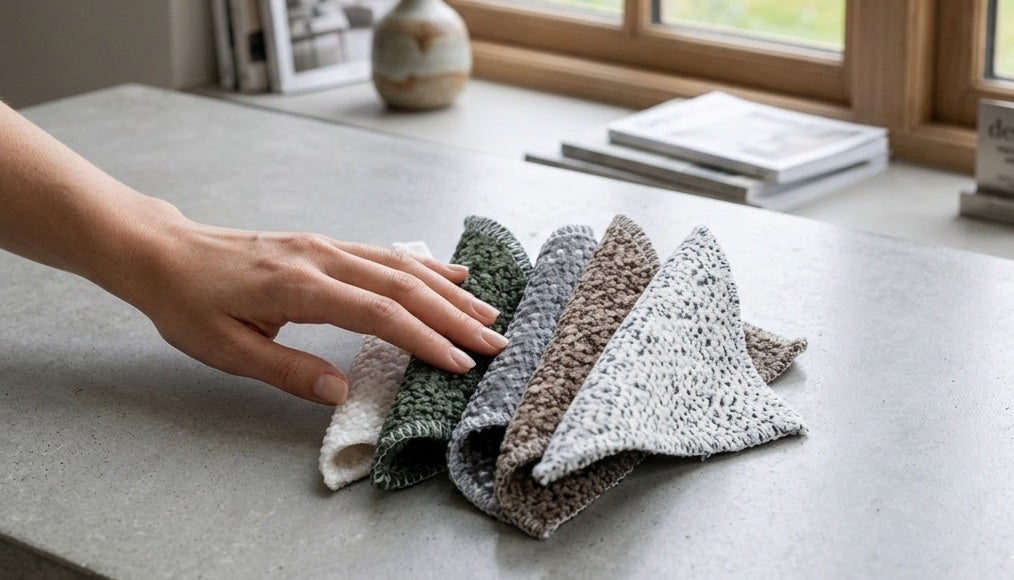 Hand on fabric swatches