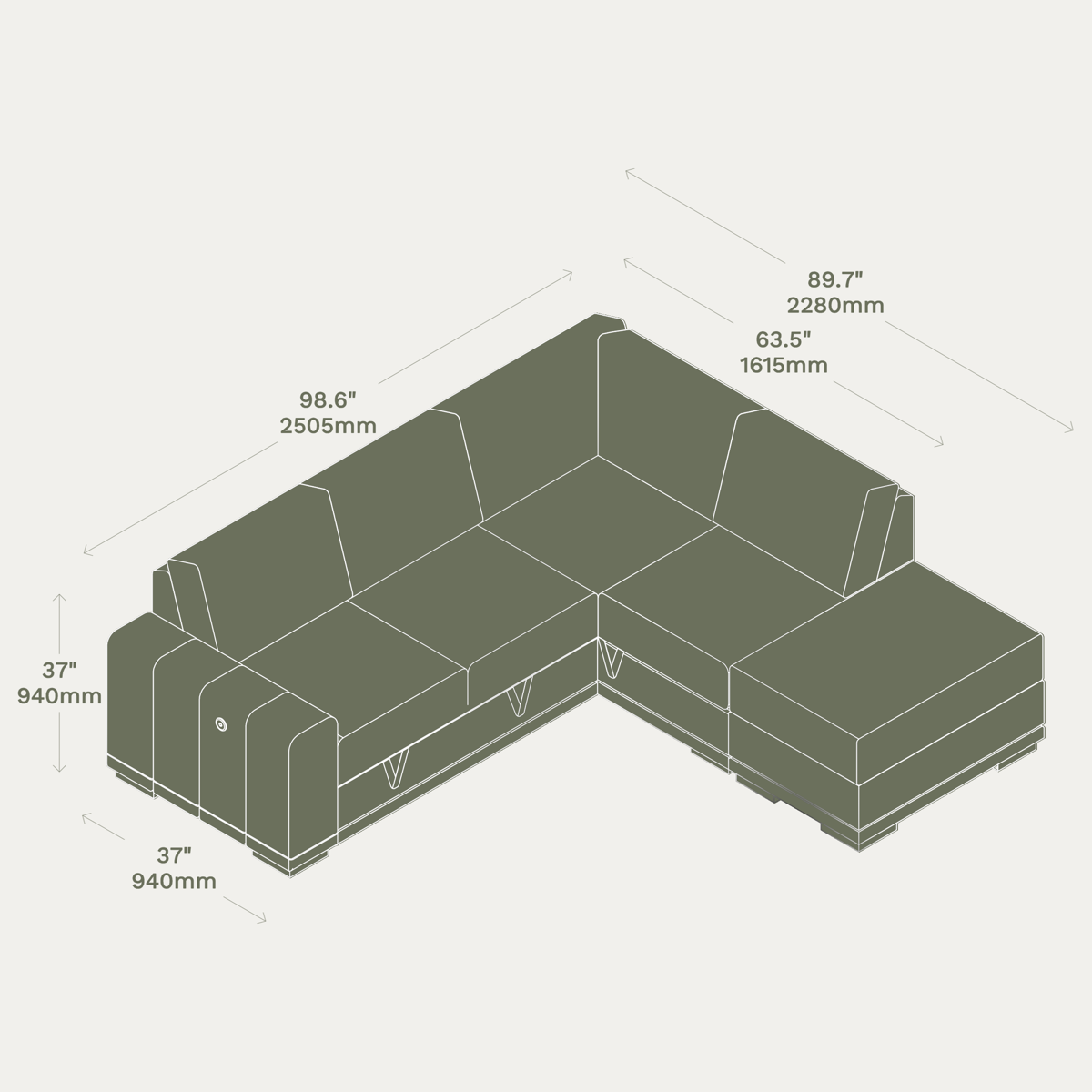 Reverie 3 Seater Storage Sectional & Ottoman quadrate dimensions