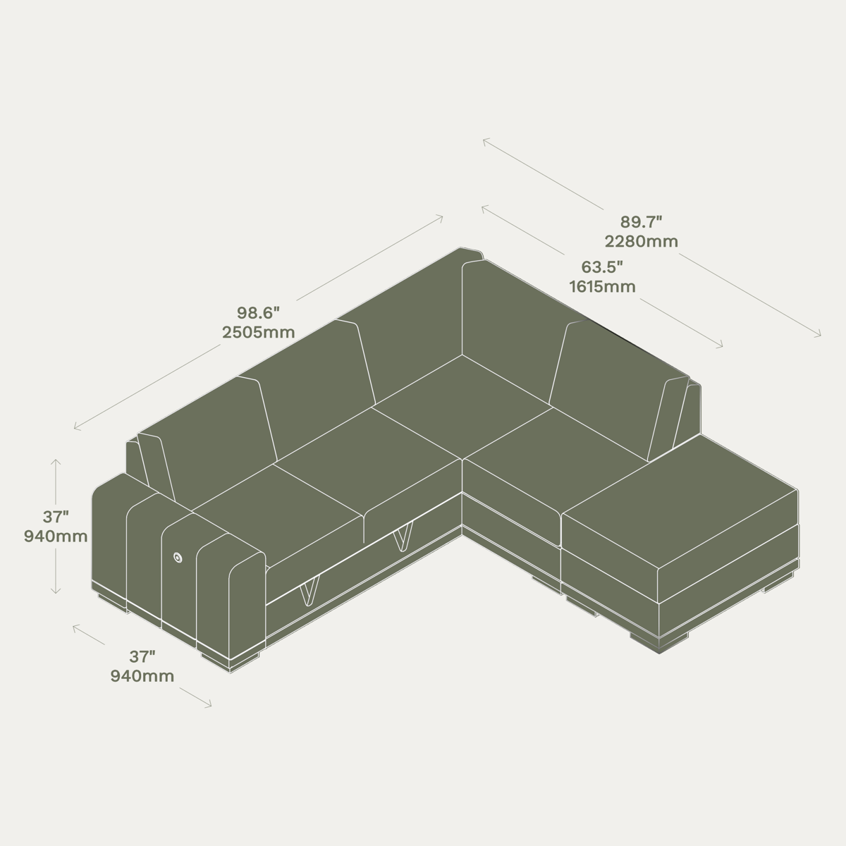 Reverie 3 Seater Sectional & Ottoman dimensions