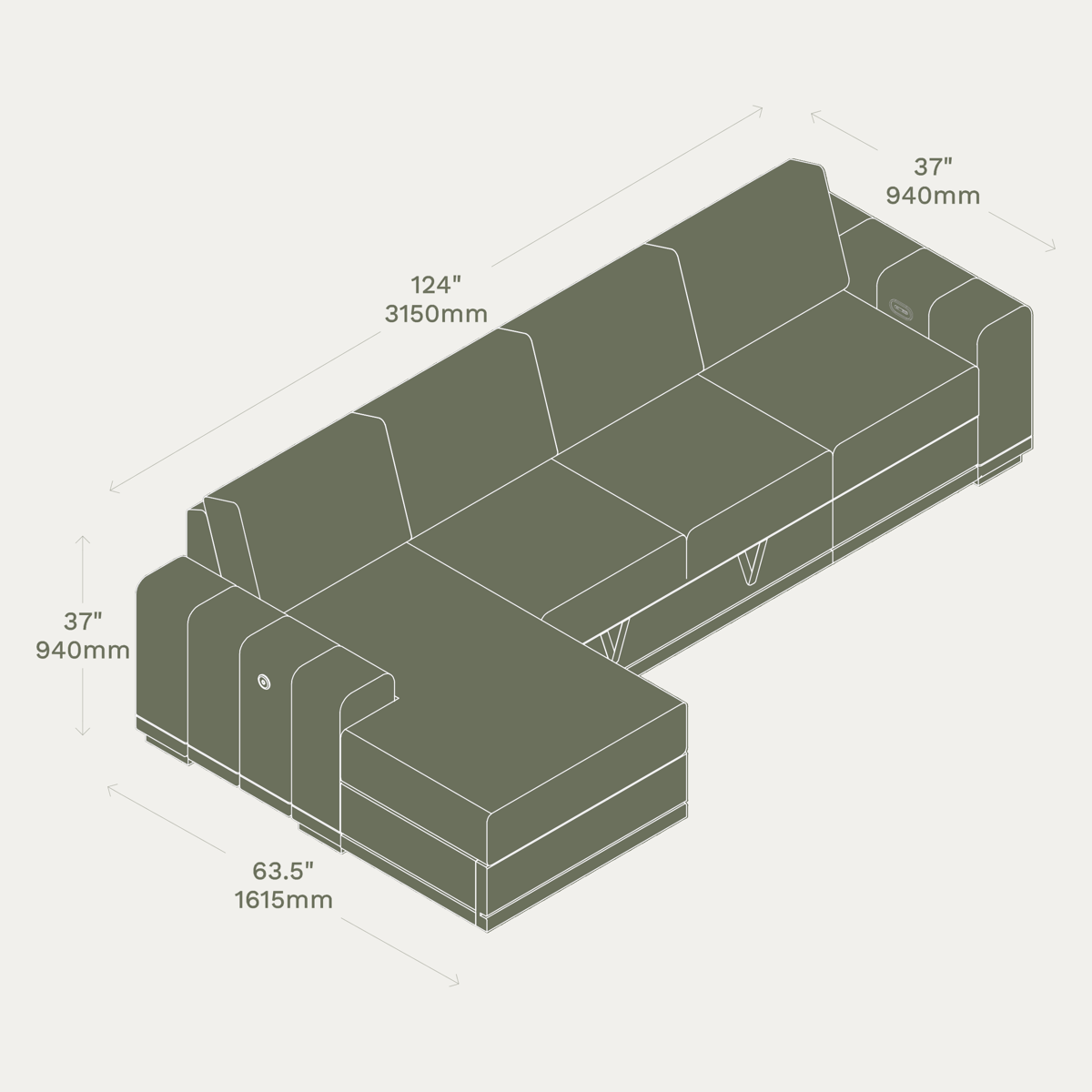Reverie 4 Seater Sleep Sectional (armless chaise) dimensions