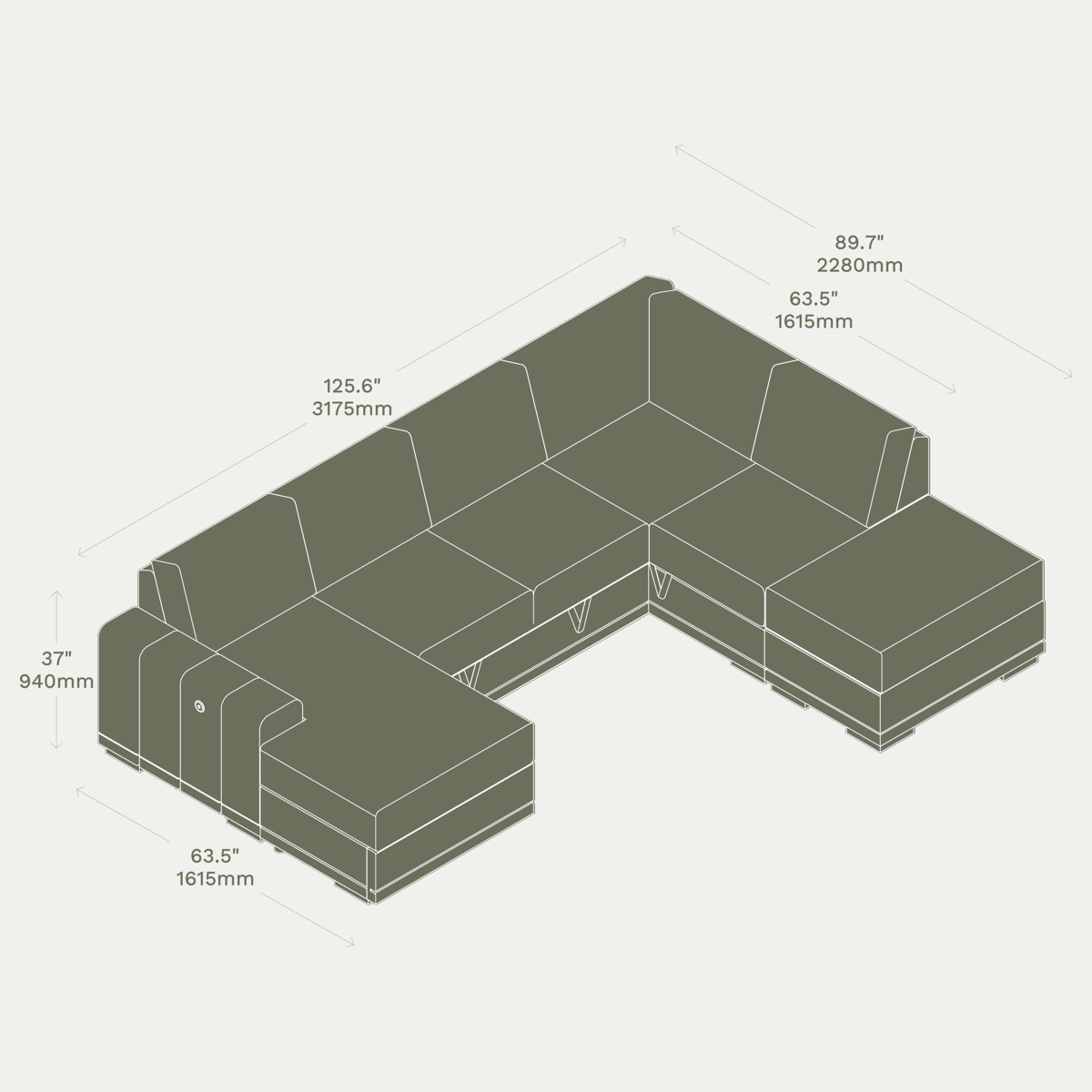 Reverie 4 Seater Sleep Sectional & Ottoman quadrate dimensions