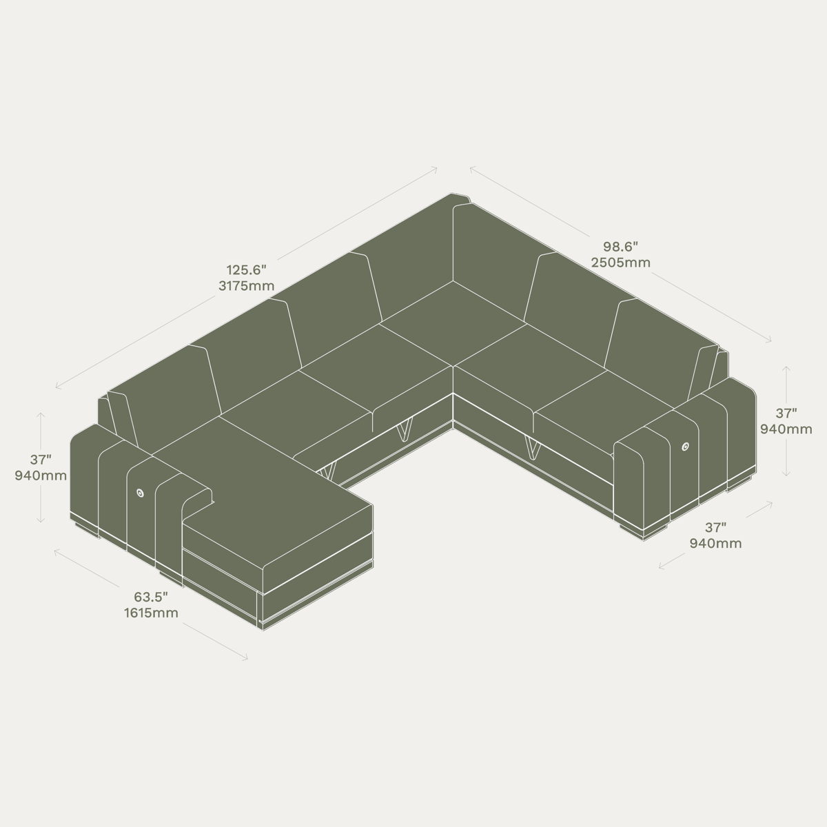 Reverie 5 Seater Sleep Sectional dimensions