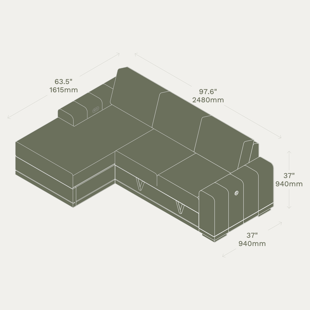 Reverie 3 Seater Sleep Sectional dimensions